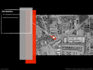 Site Statistics
   - 1611 Roswell St. Smyrna, GA.

   - Limited Commercial zoning




Gravity Architects                  TREM Atlanta: Schematic Design Presentation July 4th 2009
 