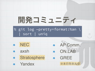 հk
NEC!
axsh!
Stratosphere!
Yandex
% git log pretty=format:%an ?
| sort | uniq
_kߥ˥ƥ
!
AP Comm.!
ON.LAB!
GREE
 