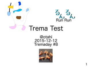 1
Trema Test
@otahi
2015-12-12
Tremaday #8
Run Run
る
ん
る
ん
る
ん
る
ん
 