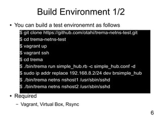 6
Build Environment 1/2
● You can build a test environemnt as follows
● Required
– Vagrant, Virtual Box, Rsync
$ git clone https://github.com/otahi/trema-netns-test.git
$ cd trema-netns-test
$ vagrant up
$ vagrant ssh
$ cd trema
$ ./bin/trema run simple_hub.rb -c simple_hub.conf -d
$ sudo ip addr replace 192.168.8.2/24 dev brsimple_hub
$ ./bin/trema netns nshost1 /usr/sbin/sshd
$ ./bin/trema netns nshost2 /usr/sbin/sshd
 