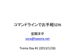 コマンドラインでお手軽SDN	
  

            空閑洋平	
  
      sora@haeena.net	
  
                   	
  
  Trema	
  Day	
  #1	
  (2013/1/26)	
  
 