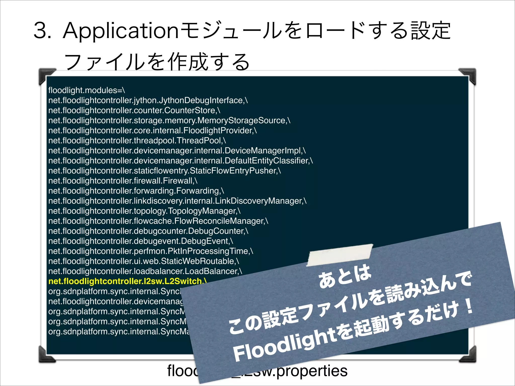 3. Applicationモジュールをロードする設定
ファイルを作成する
ﬂoodlight.modules=!
net.ﬂoodlightcontroller.jython.JythonDebugInterface,!
net.ﬂoodlightcontroller.counter.CounterStore,!
net.ﬂoodlightcontroller.storage.memory.MemoryStorageSource,!
net.ﬂoodlightcontroller.core.internal.FloodlightProvider,!
net.ﬂoodlightcontroller.threadpool.ThreadPool,!
net.ﬂoodlightcontroller.devicemanager.internal.DeviceManagerImpl,!
net.ﬂoodlightcontroller.devicemanager.internal.DefaultEntityClassiﬁer,!
net.ﬂoodlightcontroller.staticﬂowentry.StaticFlowEntryPusher,!
net.ﬂoodlightcontroller.ﬁrewall.Firewall,!
net.ﬂoodlightcontroller.forwarding.Forwarding,!
net.ﬂoodlightcontroller.linkdiscovery.internal.LinkDiscoveryManager,!
net.ﬂoodlightcontroller.topology.TopologyManager,!
net.ﬂoodlightcontroller.ﬂowcache.FlowReconcileManager,!
net.ﬂoodlightcontroller.debugcounter.DebugCounter,!
net.ﬂoodlightcontroller.debugevent.DebugEvent,!
net.ﬂoodlightcontroller.perfmon.PktInProcessingTime,!
net.ﬂoodlightcontroller.ui.web.StaticWebRoutable,!
net.ﬂoodlightcontroller.loadbalancer.LoadBalancer,!
net.ﬂoodlightcontroller.l2sw.L2Switch,!
org.sdnplatform.sync.internal.SyncManager,!
net.ﬂoodlightcontroller.devicemanager.internal.DefaultEntityClassiﬁer!
org.sdnplatform.sync.internal.SyncManager.authScheme=CHALLENGE_RESPONSE!
org.sdnplatform.sync.internal.SyncManager.keyStorePath=/etc/ﬂoodlight/auth_credentials.jceks!
org.sdnplatform.sync.internal.SyncManager.dbPath=/var/lib/ﬂoodlight/!

とは
あ
込んで
読み
イルを
け！
ファ
設定
するだ
この
起動
ghtを
odli
Flo

ﬂoodlight_l2sw.properties

 
