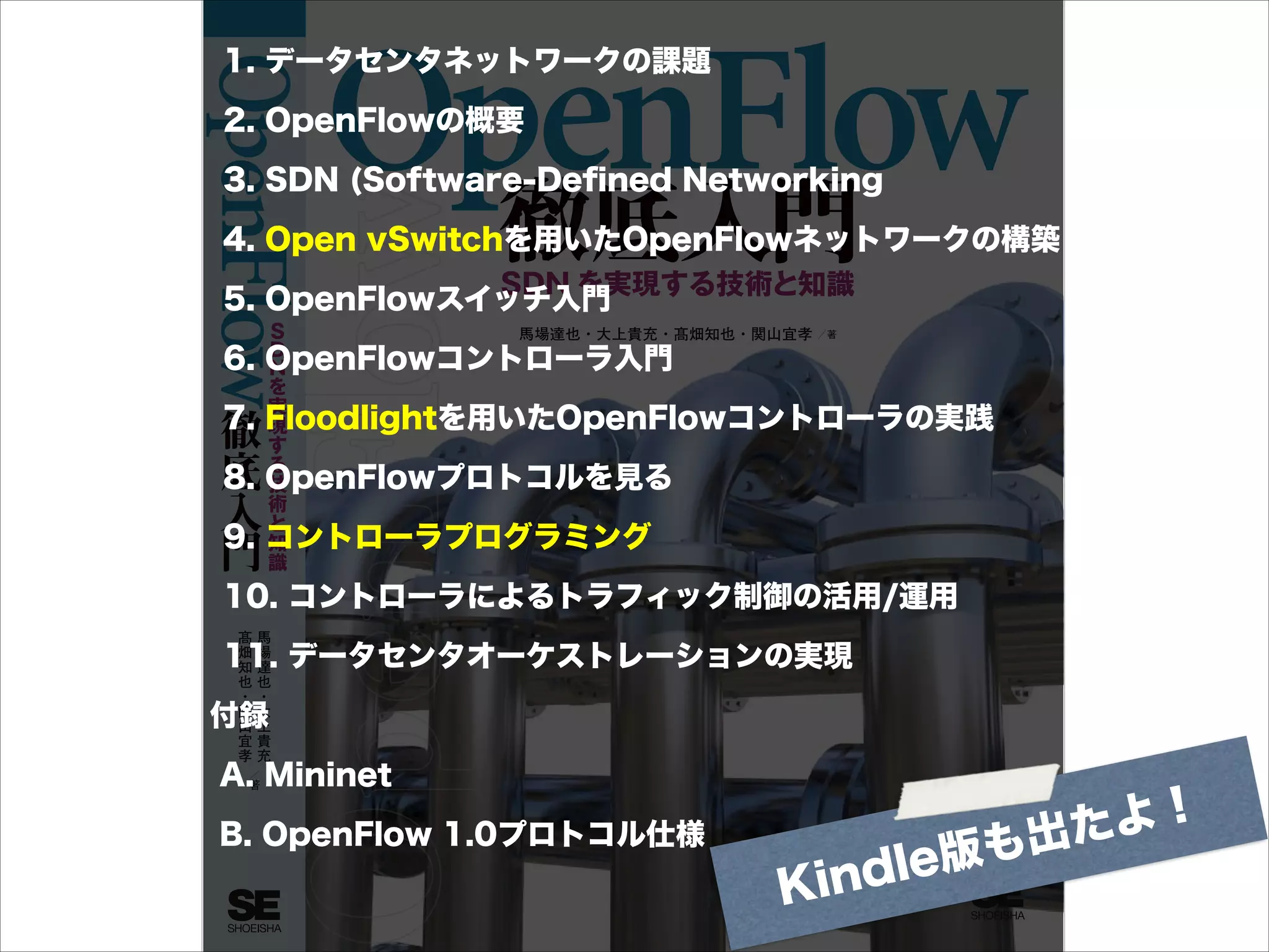 1. データセンタネットワークの課題
2. OpenFlowの概要
3. SDN (Software-Deﬁned Networking
4. Open vSwitchを用いたOpenFlowネットワークの構築
5. OpenFlowスイッチ入門
6. OpenFlowコントローラ入門
7. Floodlightを用いたOpenFlowコントローラの実践
8. OpenFlowプロトコルを見る
9. コントローラプログラミング
10. コントローラによるトラフィック制御の活用/運用
11. データセンタオーケストレーションの実現
付録
A. Mininet
B. OpenFlow 1.0プロトコル仕様

K

e版も
indl

よ！
出た

 