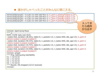 stereocat@prjexp01:~$ sudo ovs-ofctl add-flow s1 in_port=1,actions=output:2,3,4
stereocat@prjexp01:~$ sudo ovs-ofctl add-flow s1 in_port=2,actions=output:1,3,4
stereocat@prjexp01:~$ sudo ovs-ofctl add-flow s1 in_port=3,actions=output:1,2,4
stereocat@prjexp01:~$ sudo ovs-ofctl add-flow s1 in_port=4,actions=output:1,2,3
mininet> dpctl dump-flows
*** s1 ------------------------------------------------------------------------
NXST_FLOW reply (xid=0x4):
cookie=0x0, duration=38.301s, table=0, n_packets=12, n_bytes=840, idle_age=23, in_port=3
actions=output:1,output:2,output:4
cookie=0x0, duration=49.157s, table=0, n_packets=12, n_bytes=840, idle_age=23, in_port=1
actions=output:2,output:3,output:4
cookie=0x0, duration=33.757s, table=0, n_packets=12, n_bytes=840, idle_age=23, in_port=4
actions=output:1,output:2,output:3
cookie=0x0, duration=43.459s, table=0, n_packets=12, n_bytes=840, idle_age=23, in_port=2
actions=output:1,output:3,output:4
mininet> pingall
*** Ping: testing ping reachability
h1 -> h2 h3 h4
h2 -> h1 h3 h4
h3 -> h1 h2 h4
h4 -> h1 h2 h3
*** Results: 0% dropped (12/12 received)
mininet>
? l٤äȤߤʤ롣
24
äƤ


 