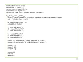 from functools import partial
from mininet.cli import CLI
from mininet.net import Mininet
from mininet.link import Link
from mininet.node import RemoteController, OVSSwitch
if '__main__' == __name__:
switch = partial(OVSSwitch, protocols='OpenFlow10,OpenFlow12,OpenFlow13')
net = Mininet(switch=switch)
c0 = RemoteController('c0')
net.addController(c0)
s1 = net.addSwitch('s1')
s2 = net.addSwitch('s2')
s3 = net.addSwitch('s3')
h1 = net.addHost('h1')
h2 = net.addHost('h2')
h3 = net.addHost('h3')
Link(s1, s2, intfName1="s1-eth1", intfName2="s2-eth1")
Link(s2, s3, intfName1="s2-eth2", intfName2="s3-eth1")
Link(h1, s1)
Link(h2, s2)
Link(h3, s3)
net.start()
CLI(net)
net.stop()
29
 