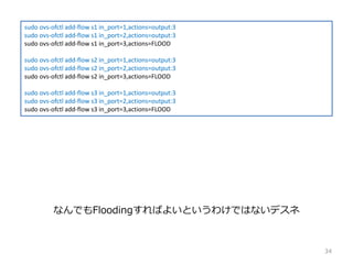 sudo ovs-ofctl add-flow s1 in_port=1,actions=output:3
sudo ovs-ofctl add-flow s1 in_port=2,actions=output:3
sudo ovs-ofctl add-flow s1 in_port=3,actions=FLOOD
sudo ovs-ofctl add-flow s2 in_port=1,actions=output:3
sudo ovs-ofctl add-flow s2 in_port=2,actions=output:3
sudo ovs-ofctl add-flow s2 in_port=3,actions=FLOOD
sudo ovs-ofctl add-flow s3 in_port=1,actions=output:3
sudo ovs-ofctl add-flow s3 in_port=2,actions=output:3
sudo ovs-ofctl add-flow s3 in_port=3,actions=FLOOD
ʤǤFloodingФ褤Ȥ櫓ǤϤʤǥ
34
 