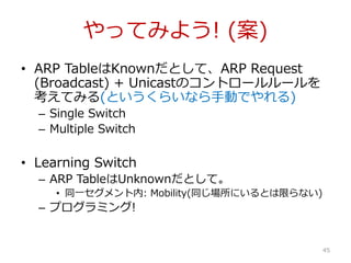 äƤߤ褦! ()
? ARP TableKnownȤơARP Request
(Broadcast) + UnicastΥȥ``
Ƥߤ(Ȥ餤ʤքӤǤ)
C Single Switch
C Multiple Switch
? Learning Switch
C ARP TableUnknownȤơ
? ͬһ: Mobility(ͬˤȤޤʤ)
C ץߥ!
45
 