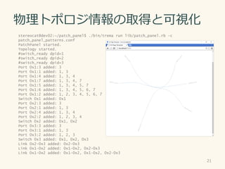 ȥݥȡäȿҕ
21
stereocat@dev02:~/patch_panel$ ./bin/trema run lib/patch_panel.rb -c
patch_panel_patterns.conf
PatchPanel started.
Topology started.
#switch_ready dpid=1
#switch_ready dpid=2
#switch_ready dpid=3
Port 0x1:3 added: 3
Port 0x1:1 added: 1, 3
Port 0x1:4 added: 1, 3, 4
Port 0x1:7 added: 1, 3, 4, 7
Port 0x1:5 added: 1, 3, 4, 5, 7
Port 0x1:6 added: 1, 3, 4, 5, 6, 7
Port 0x1:2 added: 1, 2, 3, 4, 5, 6, 7
Switch 0x1 added: 0x1
Port 0x2:3 added: 3
Port 0x2:1 added: 1, 3
Port 0x2:4 added: 1, 3, 4
Port 0x2:2 added: 1, 2, 3, 4
Switch 0x2 added: 0x1, 0x2
Port 0x3:3 added: 3
Port 0x3:1 added: 1, 3
Port 0x3:2 added: 1, 2, 3
Switch 0x3 added: 0x1, 0x2, 0x3
Link 0x2-0x3 added: 0x2-0x3
Link 0x1-0x2 added: 0x1-0x2, 0x2-0x3
Link 0x1-0x2 added: 0x1-0x2, 0x1-0x2, 0x2-0x3
 