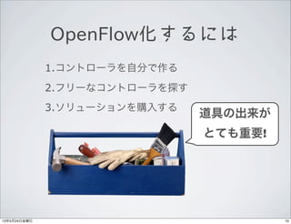 OpenFlow化するには
1.コントローラを自分で作る
2.フリーなコントローラを探す
3.ソリューションを購入する
道具の出来が
とても重要!
1013年5月24日金曜日
 