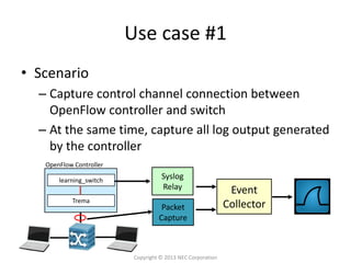 Use case #1
• Scenario
  – Capture control channel connection between
    OpenFlow controller and switch
  – At the same time, capture all log output generated
    by the controller
   OpenFlow Controller

       learning_switch
                                    Syslog
                                    Relay                     Event
           Trema
                                    Packet                   Collector
                                   Capture



                          Copyright © 2013 NEC Corporation
 