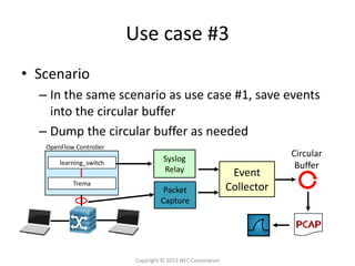 Use case #3
• Scenario
  – In the same scenario as use case #1, save events
    into the circular buffer
  – Dump the circular buffer as needed
   OpenFlow Controller
                                                                         Circular
       learning_switch
                                    Syslog
                                    Relay                                 Buffer
                                                              Event
           Trema
                                    Packet                   Collector
                                   Capture




                          Copyright © 2013 NEC Corporation
 