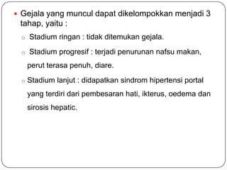  Gejala yang muncul dapat dikelompokkan menjadi 3
 tahap, yaitu :
  o Stadium ringan : tidak ditemukan gejala.

  o Stadium progresif : terjadi penurunan nafsu makan,

   perut terasa penuh, diare.
  o Stadium lanjut : didapatkan sindrom hipertensi portal

   yang terdiri dari pembesaran hati, ikterus, oedema dan
   sirosis hepatic.
 