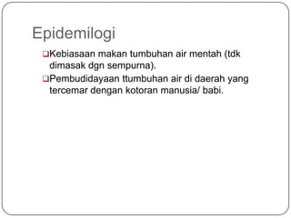 Epidemilogi
 Kebiasaan makan tumbuhan air mentah (tdk
  dimasak dgn sempurna).
 Pembudidayaan ttumbuhan air di daerah yang
  tercemar dengan kotoran manusia/ babi.
 