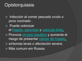 Opistorquiasis

  Infección al comer pescado crudo o
  poco cocinado .
 Puede colonizar
  el hígado, páncreas y vesícula biliar.
 Provoca cirrosis hepática y aumenta el
  riesgo de presentar cáncer de hígado.
 síntomas leves o afectación severa.
 Más comum em Russia.
 