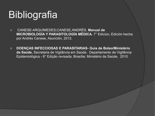 Bibliografia
   CANESE-ARQUIMEDES;CANESE,ANDRÉS. Manual de
    MICROBIOLOGÍA Y PARASITOLOGÍA MÈDICA. 7° Edicion, Edición hecha
    por Andrés Canese, Asunción, 2012.

   DOENÇAS INFECCIOSAS E PARASITARIAS- Guia de Bolso/Ministério
    da Saúde. Secretaria de Vigilância em Saúde, Departamento de Vigilância
    Epidemiológica - 8° Edição revisada, Brasília: Ministério da Saúde, 2010
 