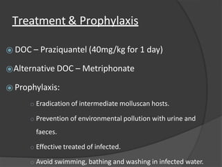 Treatment & Prophylaxis
⦿ DOC – Praziquantel (40mg/kg for 1 day)
⦿Alternative DOC – Metriphonate
⦿ Prophylaxis:
o Eradication of intermediate molluscan hosts.
o Prevention of environmental pollution with urine and
faeces.
o Effective treated of infected.
o Avoid swimming, bathing and washing in infected water.
 