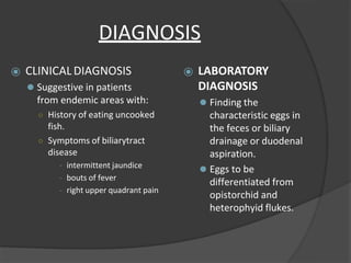 DIAGNOSIS
⦿ CLINICALDIAGNOSIS
⚫ Suggestive in patients
from endemic areas with:
○ History of eating uncooked
fish.
○ Symptoms of biliarytract
disease
- intermittent jaundice
- bouts of fever
- right upper quadrant pain
⦿ LABORATORY
DIAGNOSIS
⚫ Finding the
characteristic eggs in
the feces or biliary
drainage or duodenal
aspiration.
⚫ Eggs to be
differentiated from
opistorchid and
heterophyid flukes.
 