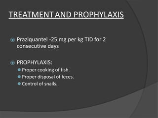 TREATMENTAND PROPHYLAXIS
⦿ Praziquantel -25 mg per kg TID for 2
consecutive days
⦿ PROPHYLAXIS:
⚫ Proper cooking of fish.
⚫ Proper disposal of feces.
⚫ Control of snails.
 
