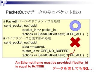 PacketOutでデータのみのパケット出力
# PacketInベースのリアクティブな処理
send_packet_out( dpid,
:packet_in => packet_in,
:actions => SendOutPort.new( OFPP_ALL )
# バイナリデータを渡す形の処理
send_packet_out( dpid,
:data => packet,
:buffer_id => OFP_NO_BUFFER,
:actions => SendOutPort.new( OFPP_ALL )

)

)

An Ethernet frame must be provided if buffer_id
is equal to 0xffffffff

データを渡してもNG…

 