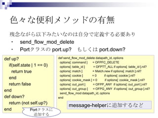 色々な便利メソッドの有無
残念ながら以下みたいなのは自分で定義する必要あり
・ send_flow_mod_delete
・ Portクラスの port.up? もしくは port.down?
def up?
if(self.state | 1 == 0)
return true
end
return false
end
def down?
return (not self.up?)
end
Portクラスに
追加する

def send_flow_mod_delete datapath_id, options
options[ :command ]
= OFPFC_DELETE
options[ :table_id ]
= OFPTT_ALL if options[ :table_id ].nil?
options[ :match ]
= Match.new if options[ :match ].nil?
options[ :cookie ]
=0
if options[ :cookie ].nil?
options[ :cookie_mask ] = 0
if options[ :cookie_mask ].nil?
options[ :out_port ]
= OFPP_ANY if options[ :out_port ].nil?
options[ :out_group ]
= OFPG_ANY if options[ :out_group ].nil?
send_flow_mod datapath_id, options
end

message-helperに追加するなど

 