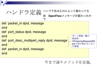 ハンドラ定義 ※

ハンドラ名はものによって変わってる
OpenFlowメッセージが変わったの

で

def packet_in dpid, message
end
def port_status dpid, message
end
def port_desc_multipart_reply dpid, message
end
def packet_in dpid, message
end

ポート情報一覧の
取得用
※FeaturesRequest/Re
plyで受け取れなくなっ
た情報

今まで通りメソッドを定義。

 