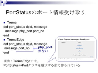 PortStatusのポート情報受け取り
Trema
def port_status dpid, message
message.phy_port.port_no
end
 TremaEdge
def port_status dpid, me...