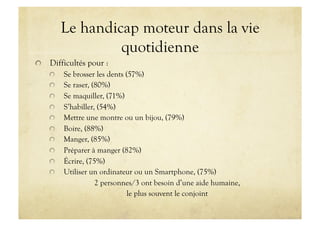 Le handicap moteur dans la vie
quotidienne
!   Difficultés pour :
!   Se brosser les dents (57%)
!   Se raser, (80%)
!   Se maquiller, (71%)
!   S’habiller, (54%)
!   Mettre une montre ou un bijou, (79%)
!   Boire, (88%)
!   Manger, (85%)
!   Préparer à manger (82%)
!   Écrire, (75%)
!   Utiliser un ordinateur ou un Smartphone, (75%)
2 personnes/3 ont besoin d’une aide humaine,
le plus souvent le conjoint
 