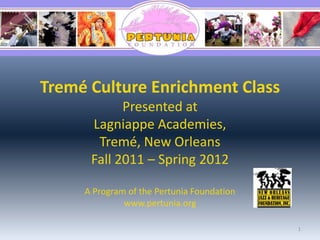 Tremé Culture Enrichment Class
            Presented at
      Lagniappe Academies,
       Tremé, New Orleans
      Fall 2011 – Spring 2012

     A Program of the Pertunia Foundation
              www.pertunia.org

                                            1
 