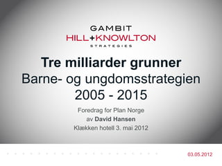 Tre milliarder grunner
Barne- og ungdomsstrategien
        2005 - 2015
        Foredrag for Plan Norge
           av David Hansen
       Klækken hotell 3. mai 2012



                                    03.05.2012
 
