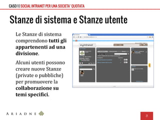 Stanze di sistema e Stanze utente
Le Stanze di sistema
comprendono tutti gli
appartenenti ad una
divisione.
Alcuni utenti possono
creare nuove Stanze
(private o pubbliche)
per promuovere la
collaborazione su
temi specifici.
21
CASO 1 | SOCIAL INTRANET PER UNA SOCIETA’ QUOTATA
 