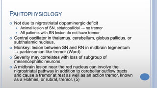 PAHTOPHYSIOLOGY
 Not due to nigrostriatal dopaminergic deficit
 Animal lesion of SN, striatopallidal → no tremor
 All patients with SN lesion do not have tremor
 Central oscillator in thalamus, cerebellum, globus pallidus, or
subthalamic nucleus,
 Monkey: lesion between SN and RN in midbrain tegmentum
→ parkinsonian like tremor (Ward)
 Severity may correlates with loss of subgroup of
mesencephalic neurons
 A midbrain lesion near the red nucleus can involve the
nigrostriatal pathway in addition to cerebellar outflow tracts
and cause a tremor at rest as well as an action tremor, known
as a Holmes, or rubral, tremor. (5)
 