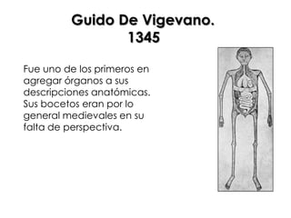 Guido De Vigevano.
                1345

Fue uno de los primeros en
agregar órganos a sus
descripciones anatómicas.
Sus bocetos eran por lo
general medievales en su
falta de perspectiva.
 