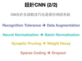 Recognition Tolerance è Data Augmentation
Neural Normalization è Batch Normalization
Synaptic Pruning è Weight Decay
Sparse Coding è Dropout
設計CNN (2/2)
CNN在許多調教技巧也是模仿神經系統
 