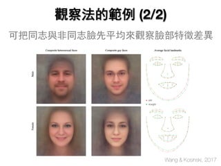 Wang & Kosinski, 2017
觀察法的範例 (2/2)
可把同志與非同志臉先平均來觀察臉部特徵差異
 