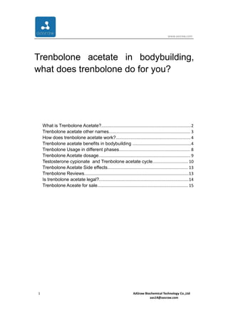 www.aasraw.com
1 AASraw Biochemical Technology Co.,Ltd
aas14@aasraw.com
Trenbolone acetate in bodybuilding,
what does trenbolone do for you?
What is Trenbolone Acetate?..............................................................................2
Trenbolone acetate other names....................................................................... 3
How does trenbolone acetate work?.................................................................4
Trenbolone acetate benefits in bodybuilding ...................................................4
Trenbolone Usage in different phases.............................................................. 8
Trenbolone Acetate dosage................................................................................ 9
Testosterone cypionate and Trenbolone acetate cycle............................... 10
Trenbolone Acetate Side effects...................................................................... 13
Trenbolone Reviews...........................................................................................13
Is trenbolone acetate legal?..............................................................................14
Trenbolone Aceate for sale............................................................................... 15
 