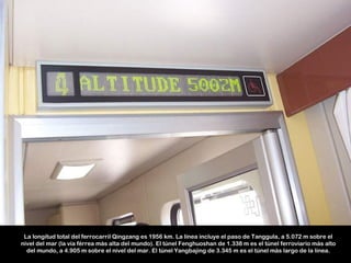 La longitud total del ferrocarril Qingzang es 1956 km. La línea incluye el paso de Tanggula, a 5.072 m sobre el
nivel del mar (la vía férrea más alta del mundo). El túnel Fenghuoshan de 1.338 m es el túnel ferroviario más alto
  del mundo, a 4.905 m sobre el nivel del mar. El túnel Yangbajing de 3.345 m es el túnel más largo de la línea.
 