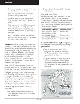 31 – 12
TRENCHING
• Keep away from the operation if you are
not directly involved in the work.
• Wear hearing protection if working in
vicinity of the hydrovac truck.
• Be aware of the hazards, such as slips
from the runoff water and ice during the
winter.
• Wear appropriate eye and face protection
such as safety glasses and faceshields.
They will protect you from getting any
airbourne debris (caused by splashing) in
your eyes.
• Keep clear of the vacuum. It is powerful
and can cause serious injury or even death
if you are caught in the tube.
Breaks — Breaks in electrical, gas, and water
services can cause serious injuries, even deaths.
Hitting an underground electrical line can result
in electrocution, while hitting a gas line can
cause an explosion. A broken water line can
release a sudden rush of water, washing out
support systems and causing a cave-in.
Cutting telephone lines can create a serious
problem if emergency calls for police, fire, or
ambulance are required.
In the event of gas line contact, call the gas
company immediately. The company will check
the line and close down the supply if necessary.
If a leak is suspected, people in the immediate
area should be told to evacuate. Where service to
a building or home has been struck, people
inside should be advised to leave doors and
windows open; shut off appliances, furnaces, and
other sources of ignition; and vacate the premises
until the gas company declares it safe to return.
Construction personnel should take two
precautions.
1)Put out smoking materials and shut off
other sources of ignition such as engines
and equipment.
2)Leave the trench immediately. Gas can
collect there.
Overhead powerlines
When equipment operates within reach of (and
could therefore encroach on) the minimum
permitted distance from a live overhead powerline,
the constructor must have written procedures in
place to prevent the equipment from encroaching
on the minimum distance.
If equipment touches a high-voltage line,
the operator should take the following
precautions.
1)Stay on the machine. Don’t touch
equipment and ground at same time.
Touching anything in contact with the
ground could be fatal.
2)Anyone operating accessory equipment
should also remain on that equipment.
They should also avoid making contact
with the ground and the equipment at the
same time.
Voltage Rating of Powerline Minimum Distance
750 or more volts, but not 3 metres (10')
more than 150,000 volts
more than 150,000 but 4.5 metres (15')
not more than 250,000 volts
more than 250,000 volts 6 metres (20')
Keep people away from machine
if there is a powerline contact.
Stay on the machine unless there
is an emergency such as fire.
Figure 26
 