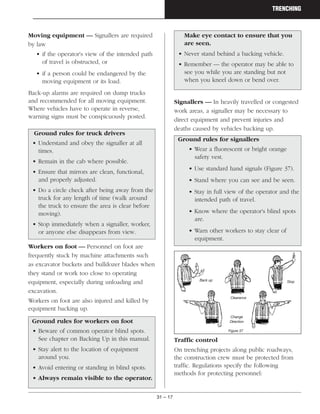 31 – 17
TRENCHING
Moving equipment — Signallers are required
by law
• if the operator's view of the intended path
of travel is obstructed, or
• if a person could be endangered by the
moving equipment or its load.
Back-up alarms are required on dump trucks
and recommended for all moving equipment.
Where vehicles have to operate in reverse,
warning signs must be conspicuously posted.
Ground rules for truck drivers
• Understand and obey the signaller at all
times.
• Remain in the cab where possible.
• Ensure that mirrors are clean, functional,
and properly adjusted.
• Do a circle check after being away from the
truck for any length of time (walk around
the truck to ensure the area is clear before
moving).
• Stop immediately when a signaller, worker,
or anyone else disappears from view.
Workers on foot — Personnel on foot are
frequently stuck by machine attachments such
as excavator buckets and bulldozer blades when
they stand or work too close to operating
equipment, especially during unloading and
excavation.
Workers on foot are also injured and killed by
equipment backing up.
Ground rules for workers on foot
• Beware of common operator blind spots.
See chapter on Backing Up in this manual.
• Stay alert to the location of equipment
around you.
• Avoid entering or standing in blind spots.
• Always remain visible to the operator.
Make eye contact to ensure that you
are seen.
• Never stand behind a backing vehicle.
• Remember — the operator may be able to
see you while you are standing but not
when you kneel down or bend over.
Signallers — In heavily travelled or congested
work areas, a signaller may be necessary to
direct equipment and prevent injuries and
deaths caused by vehicles backing up.
Ground rules for signallers
• Wear a fluorescent or bright orange
safety vest.
• Use standard hand signals (Figure 37).
• Stand where you can see and be seen.
• Stay in full view of the operator and the
intended path of travel.
• Know where the operator's blind spots
are.
• Warn other workers to stay clear of
equipment.
Traffic control
On trenching projects along public roadways,
the construction crew must be protected from
traffic. Regulations specify the following
methods for protecting personnel:
Back up
Clearance
Change
Direction
Stop
Figure 37
 