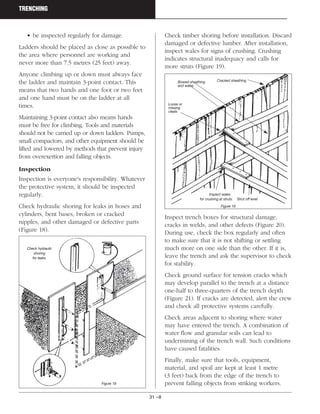 31 –8
TRENCHING
• be inspected regularly for damage.
Ladders should be placed as close as possible to
the area where personnel are working and
never more than 7.5 metres (25 feet) away.
Anyone climbing up or down must always face
the ladder and maintain 3-point contact. This
means that two hands and one foot or two feet
and one hand must be on the ladder at all
times.
Maintaining 3-point contact also means hands
must be free for climbing. Tools and materials
should not be carried up or down ladders. Pumps,
small compactors, and other equipment should be
lifted and lowered by methods that prevent injury
from overexertion and falling objects.
Inspection
Inspection is everyone's responsibility. Whatever
the protective system, it should be inspected
regularly.
Check hydraulic shoring for leaks in hoses and
cylinders, bent bases, broken or cracked
nipples, and other damaged or defective parts
(Figure 18).
Check timber shoring before installation. Discard
damaged or defective lumber. After installation,
inspect wales for signs of crushing. Crushing
indicates structural inadequacy and calls for
more struts (Figure 19).
Inspect trench boxes for structural damage,
cracks in welds, and other defects (Figure 20).
During use, check the box regularly and often
to make sure that it is not shifting or settling
much more on one side than the other. If it is,
leave the trench and ask the supervisor to check
for stability.
Check ground surface for tension cracks which
may develop parallel to the trench at a distance
one-half to three-quarters of the trench depth
(Figure 21). If cracks are detected, alert the crew
and check all protective systems carefully.
Check areas adjacent to shoring where water
may have entered the trench. A combination of
water flow and granular soils can lead to
undermining of the trench wall. Such conditions
have caused fatalities.
Finally, make sure that tools, equipment,
material, and spoil are kept at least 1 metre
(3 feet) back from the edge of the trench to
prevent falling objects from striking workers.
Check hydraulic
shoring
for leaks.
Figure 18
Cracked sheathing
Inspect wales
for crushing at struts. Strut off level
Bowed sheathing
and wales
Loose or
missing
cleats
Figure 19
 