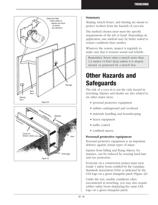 31 –9
TRENCHING
Summary
Sloping, trench boxes, and shoring are meant to
protect workers from the hazards of cave-ins.
The method chosen must meet the specific
requirements of the job at hand. Depending on
application, one method may be better suited to
certain conditions than another.
Whatever the system, inspect it regularly to
make sure that it remains sound and reliable.
Remember: Never enter a trench more than
1.2 metres (4 feet) deep unless it is sloped,
shored, or protected by a trench box.
Other Hazards and
Safeguards
The risk of a cave-in is not the only hazard in
trenching. Injuries and deaths are also related to
six other major areas:
• personal protective equipment
• utilities underground and overhead
• materials handling and housekeeping
• heavy equipment
• traffic control
• confined spaces.
Personal protective equipment
Personal protective equipment is an important
defence against certain types of injury.
Injuries from falling and flying objects, for
instance, can be reduced by wearing hard hats
and eye protection.
Everyone on a construction project must wear
Grade 1 safety boots certified by the Canadian
Standards Association (CSA) as indicated by the
CSA logo on a green triangular patch (Figure 22).
Under the wet, muddy conditions often
encountered in trenching, you may also require
rubber safety boots displaying the same CSA
logo on a green triangular patch.
Deformed Plate
Check welds on
sleeves and struts
for bends
and distortion
Damage
Bent
Strut
Missing
Strut
Figure 20
Sidewall
Check for
tension cracks Strut
Knife edge
Figure 21
 