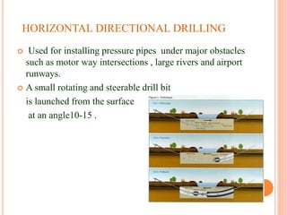 HORIZONTAL DIRECTIONAL DRILLING
 Used for installing pressure pipes under major obstacles
such as motor way intersections , large rivers and airport
runways.
 A small rotating and steerable drill bit
is launched from the surface
at an angle10-15 .
 
