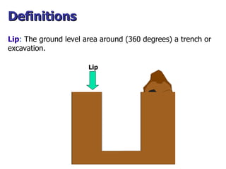Lip Lip :  The ground level area around (360 degrees) a trench or excavation. Definitions 