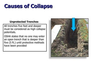 Causes of Collapse  All trenches five feet and deeper must be considered as high collapse potentials. OSHA states that no ...
