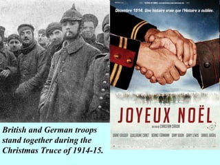 British and German troops stand together during the Christmas Truce of 1914-15.  