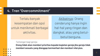 4. Tren “Overcommitment”
Akibatnya: Orang
cenderung hanya ingin
hal-hal yang ringan dan
dangkal, atau yang betul-
betul be...