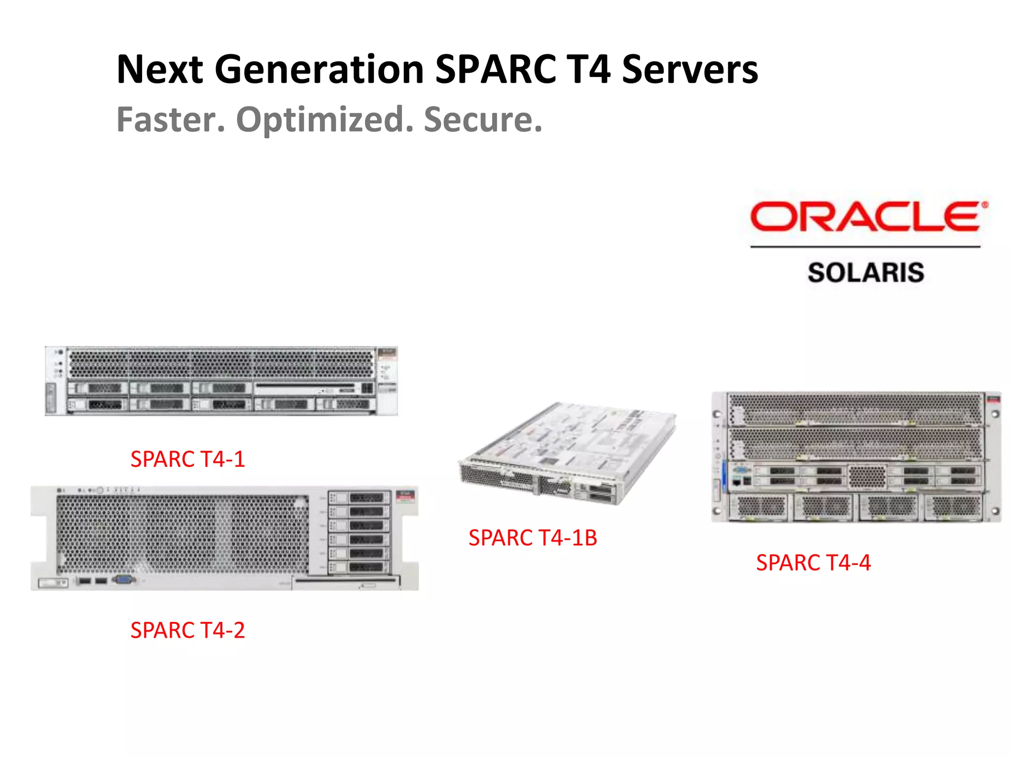 Next Generation SPARC T4 Servers
Faster. Optimized. Secure.




SPARC T4-1


                     SPARC T4-1B
                                   SPARC T4-4

SPARC T4-2
 