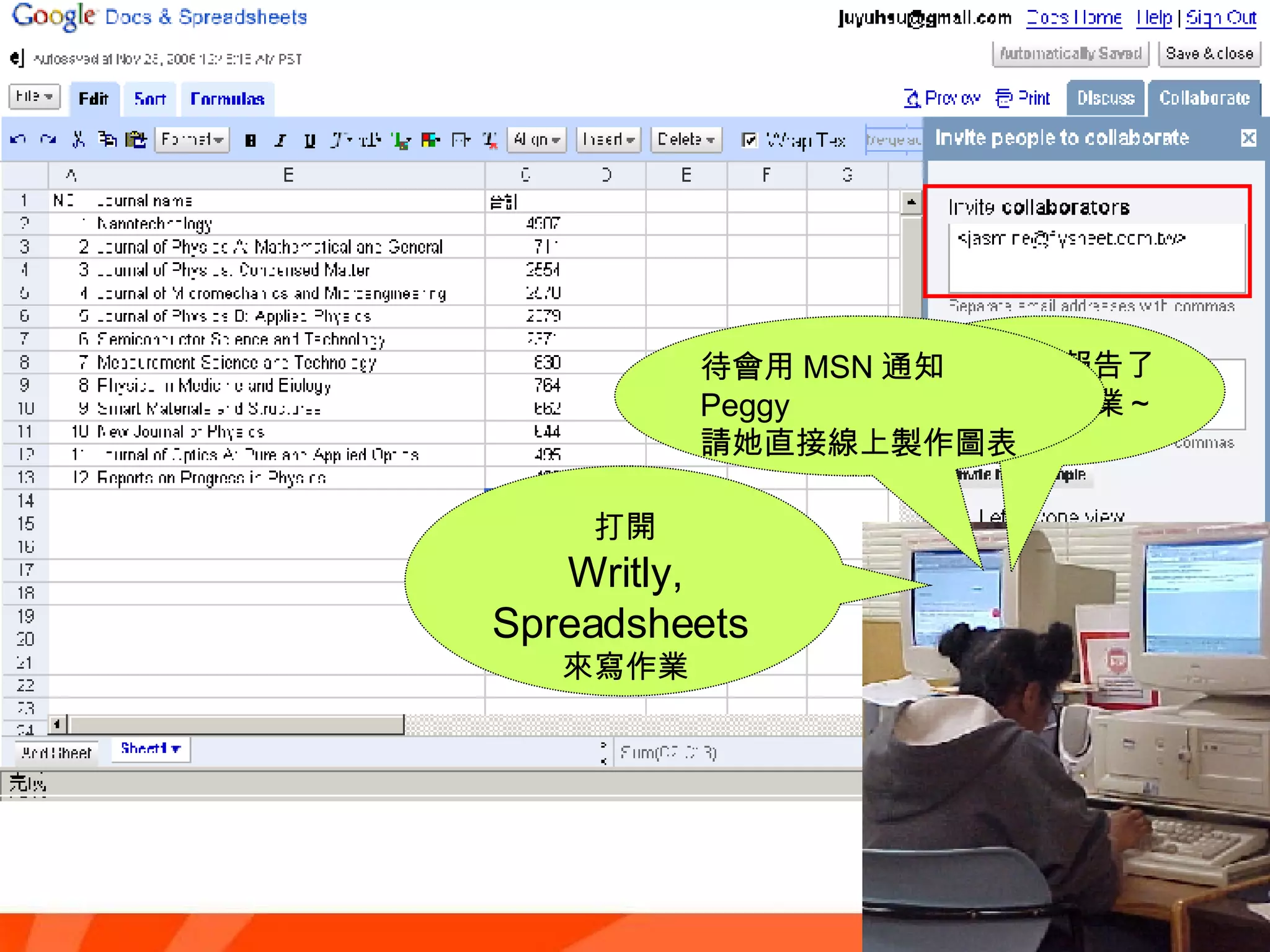 明天就要報告了 卡緊來做作業～ 打開 Writly, Spreadsheets 來寫作業 待會用 MSN 通知 Peggy 請她直接線上製作圖表 