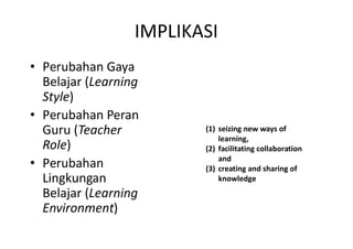 IMPLIKASI
• Perubahan Gaya
  Belajar (Learning
  Style)
• Perubahan Peran
  Guru (Teacher          (1) seizing new ways of
                             learning,
  Role)                  (2) facilitating collaboration
                             and
• Perubahan              (3) creating and sharing of
  Lingkungan                 knowledge
  Belajar (Learning
  Environment)
 