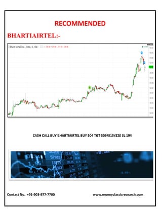 RECOMMENDED
BHARTIAIRTEL:-
CASH CALL BUY BHARTIAIRTEL BUY 504 TGT 509/515/520 SL 194
Contact No. +91-903-977-7700 www.moneyclassicresearch.com
 