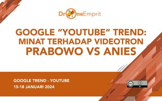 GOOGLE “YOUTUBE” TREND:
MINAT TERHADAP VIDEOTRON
PRABOWO VS ANIES
GOOGLE TREND - YOUTUBE
15-18 JANUARI 2024
 